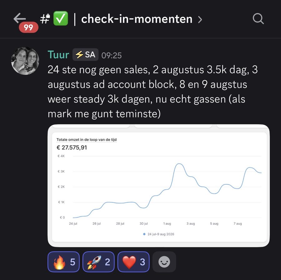 Discord bericht van student Tuur met 27.575 euro omzet in ruim twee weken