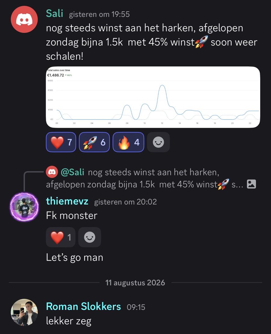 Discord bericht van student Sali over bijna 1500 euro dagomzet met 45 procent winst