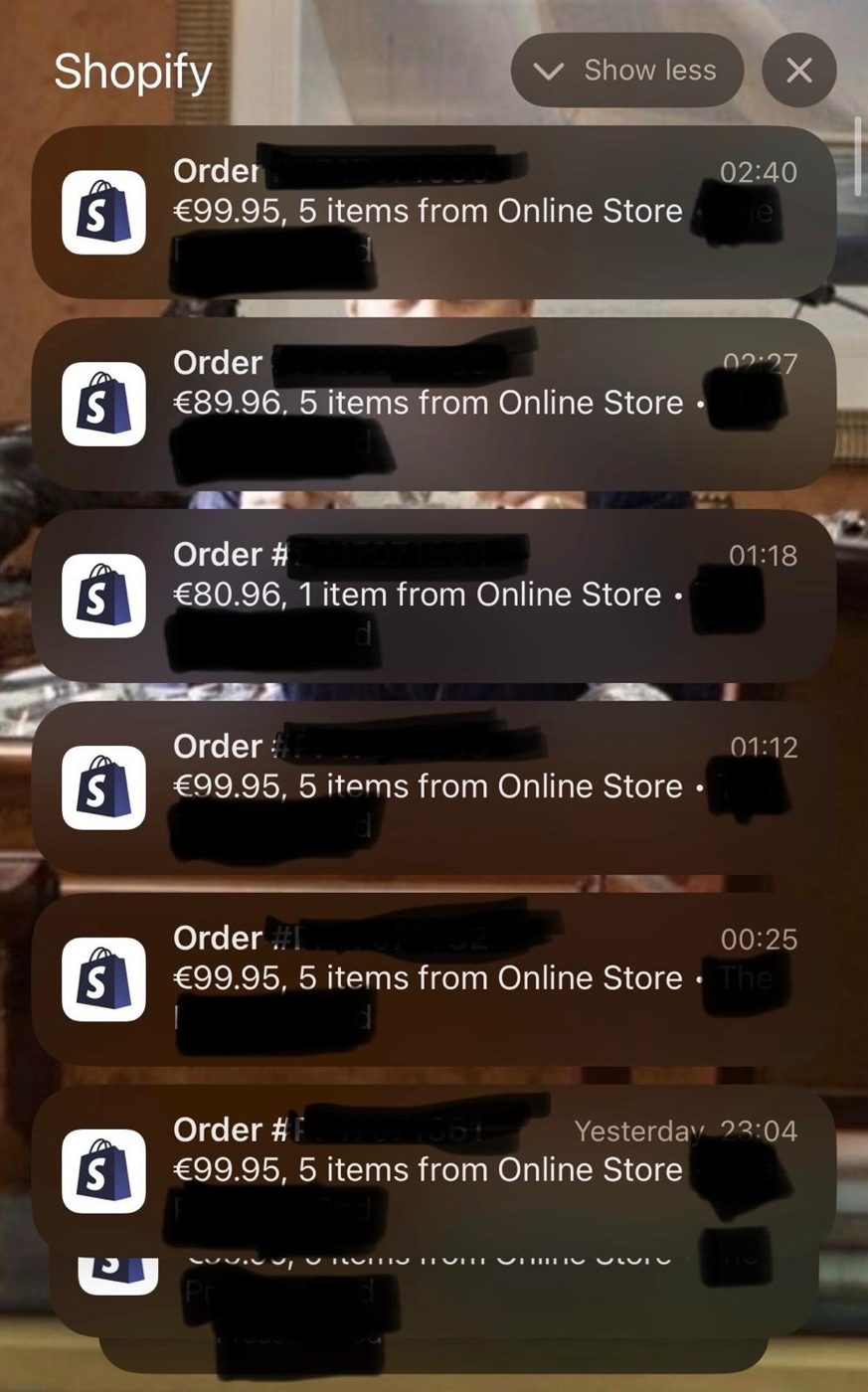 Reeks Shopify bestelnotificaties, dag en nacht