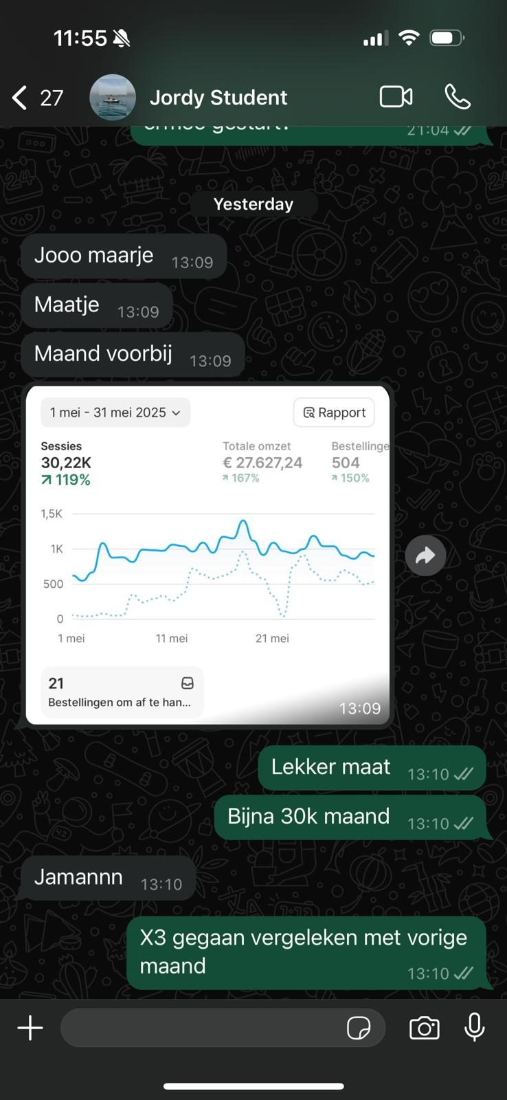 WhatsApp-chat met student Jordy: 27.627 euro omzet in één maand